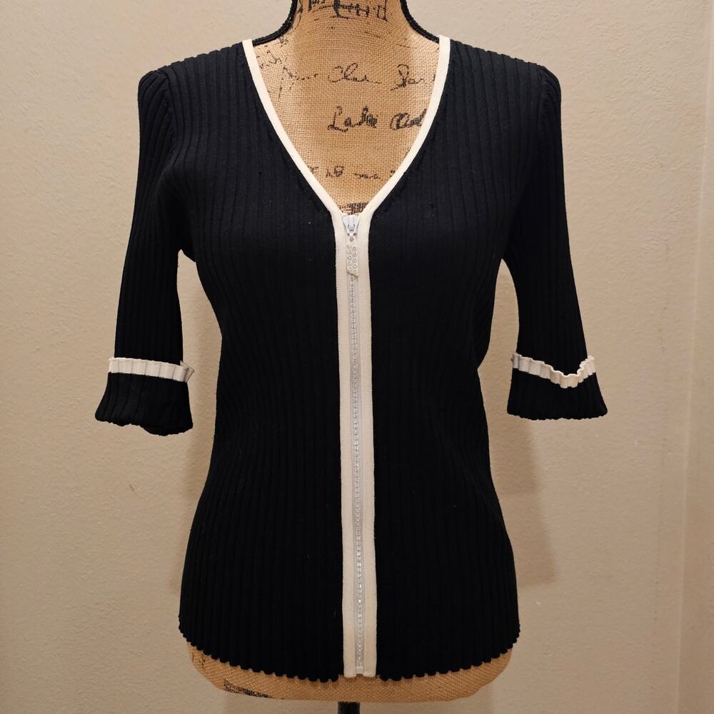 Belldini Black Ribbed Zip-Front Top with White Trim